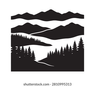 Mountain range and forest landscape silhouette vector graphic