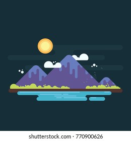 Mountain range with greens on horizon and lake on foreground. Simple flat design illustration