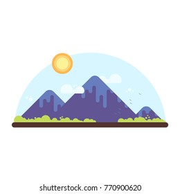 Mountain range with greens, sun, clouds and birds. Simple flat design illustration