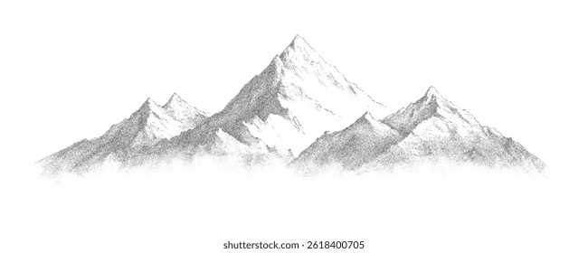 Mountain range in halftone stipple gradient, with grainy noise, abstract dotted snowy cliff, pointillist grunge texture overlay. Mounted landscape in retro half tone vector illustration.