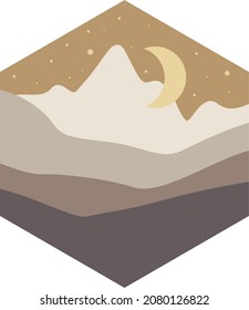 Mountain range and hills. The image is in the form of a hexagon. Simple illustration. Pastel shades. Night. A month in the sky. Emblem