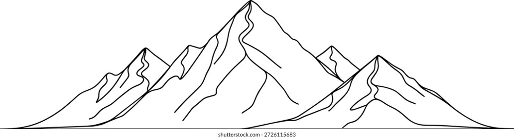 Icono de la cordillera con líneas de contorno y picos variados para naturaleza, paisaje, exterior, terreno y contenido de diseño minimalista.