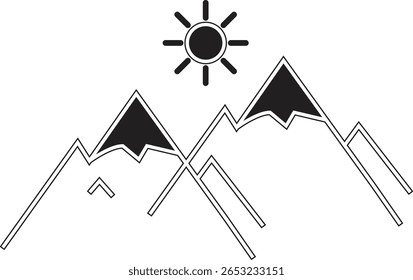 Mountain range icon with sun symbolizing scenic travel, hiking exploration and nature tourism destination with transparent background