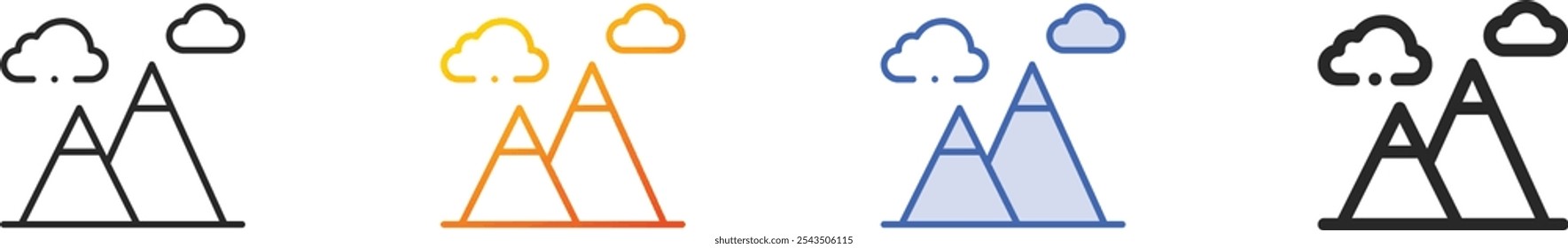 ícone de gama de montanhas.Linear fino, gradiente, traço azul e estilo negrito Design isolado no fundo branco