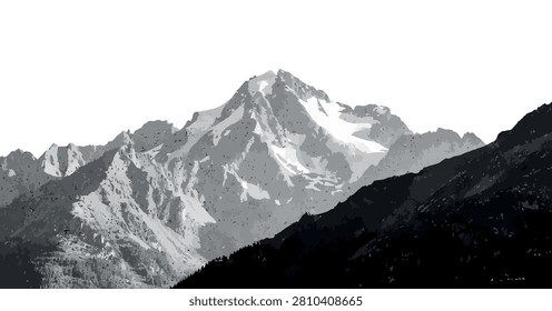 Mountain range illustration in grayscale featuring snowy peaks and shadowed slopes