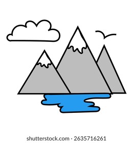 Mountain range illustration. Snowy peaks vector. Blue lake foreground. Cloudy sky scene.