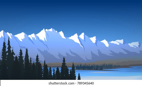 Mountain range, lake and forest