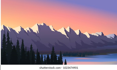 Mountain range, lake and forest, sunset