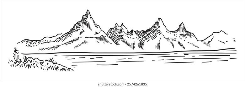 mountain range with lake and trees hand-drawn illustration