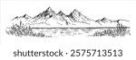 mountain range with lake and vegetation hand-drawn sketch doodle
