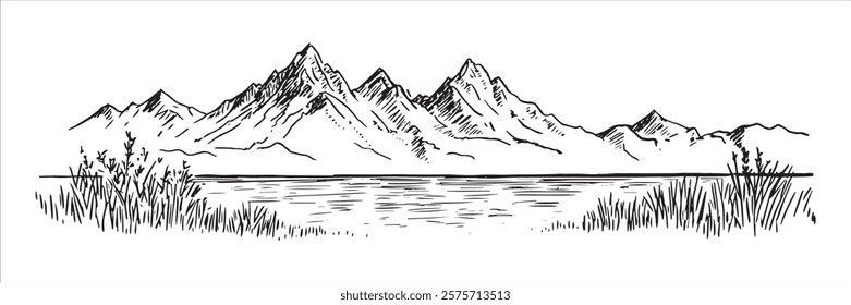 mountain range with lake and vegetation hand-drawn sketch doodle