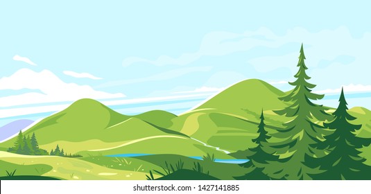 Mountain range landscape background in sunny day, hiking travel concept illustration, panorama of green hills with plants and grass