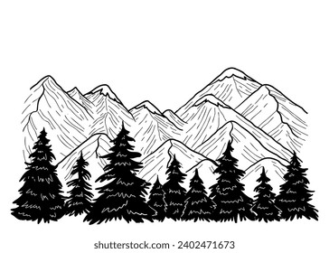 Mountain range landscape. Black forest. Vector illustration. Hand drawn sketch.