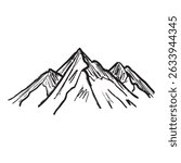 Mountain range landscape as a concept of tourism, hiking in black brush stroke texture isolated on white. Hand drawn vector sketch illustration in vintage charcoal ink. Everest Mountain card.