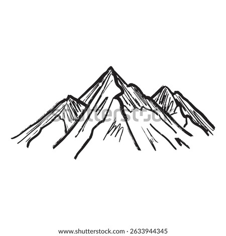 Mountain range landscape as a concept of tourism, hiking in black brush stroke texture isolated on white. Hand drawn vector sketch illustration in vintage charcoal ink. Everest Mountain card.