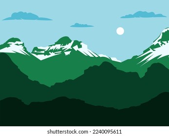 Mountain range landscape illustration with green grass and blue sky. Vector.