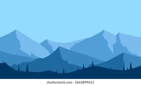 Ilustración de paisaje de cordillera con picos y crestas. Escénica cordillera con atmósfera serena bajo un cielo azul claro. Ilustración vectorial panorámica de la silueta de la montaña