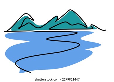 Mountain range and landscape and ocean, flat scenery background. Blue mountains and sea panoramic view. Simple one line nature illustration. Vector sunset wallpaper