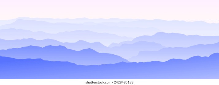 Mountain range landscape on sunset or sunrise. Morning panoramic view. Mountain ridges and hills background. Blue and pink mount peaks silhouette with mist, fog or haze. Vector illustration 