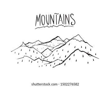 Mountain range landscape outline drawing illustration with letters text tittle. Simple hill tops with forest hand drawn image. Nature rocks view from above. Touristic logo map design. Beauty on earth.