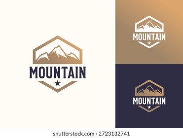 Montanha Faixa paisagem Cume Top Hill Peak Summit Hexágono Bagde Vetor Logo Design Illustration