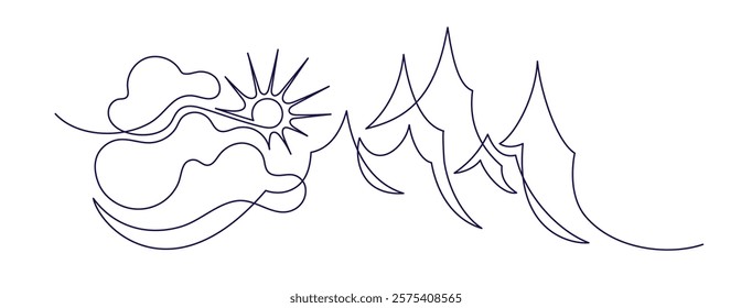 Mountain range landscape. Sun, clouds in continuous line drawing. High peak panoramic view. Minimal linear sign. Adventure sports and hiking concept. Vector nature illustration for travel, tourism