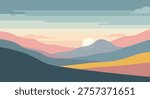 Mountain range landscape at sunset, abstract colorful hills and sky