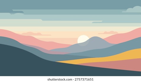 Mountain range landscape at sunset, abstract colorful hills and sky