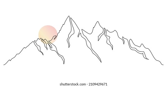 Mountain range landscape with sunset in One continuous line drawing. High mounts peak and sun in simple linear style. Adventure winter sports ski and hiking concept. Doodle vector illustration