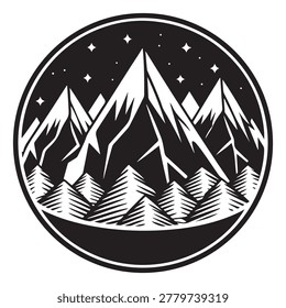 Mountain range landscape with trees and stars in a circular frame scenic view illustration