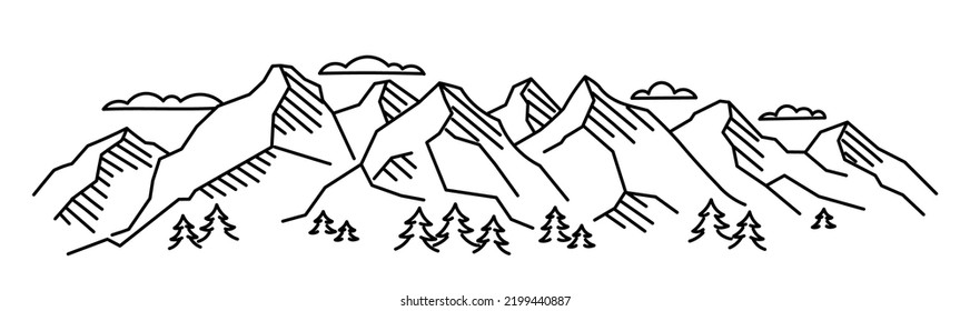 Mountain range. Line landscape sketch. Vector illustration. Editable outline stroke thickness.