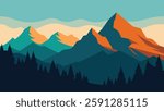Mountain range with lush trees and rugged rocks prominently displayed in the foreground flat vector illustration