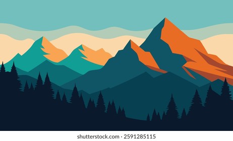 Mountain range with lush trees and rugged rocks prominently displayed in the foreground flat vector illustration