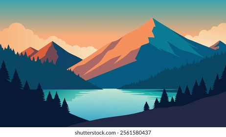 Mountain range with lush trees and a tranquil body of water in the foreground, showcasing nature's beauty flat vector illustration natural background.