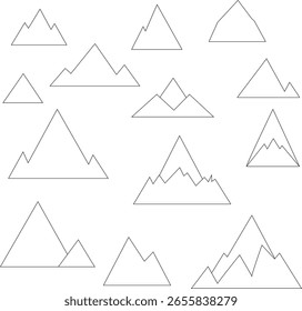 Mountain range with many peaks, mountain silhouette. Simple vector mountain icons.