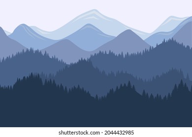 Mountain Range Morning Landscape With Fog And Forest. Sunrise And Sunset In Mountains Vector Horizontal Eps Illustration