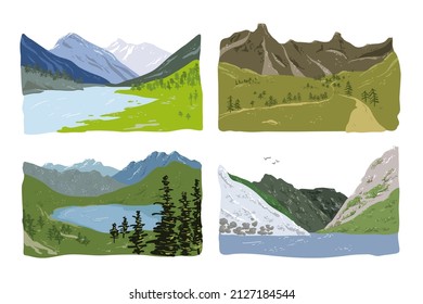 Cordillera montañosa, en la carretera, a orillas del lago, hermosa ilustración del paisaje natural vectorial