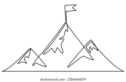 Mountain range one line drawn. Mountains with flag linear concept. Vector illustration isolated on white.