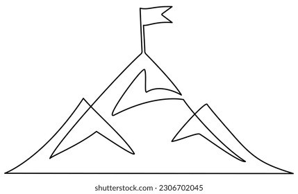 Mountain range one line drawn. Mountains with flag linear concept. Vector illustration isolated on white.