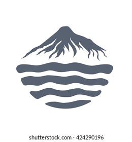 Mountain range over a lake, sea or ocean, outdoor logo vector illustration.