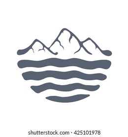 Mountain range over a lake, sea or ocean, outdoor logo vector illustration.