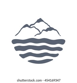 Mountain range over a lake, sea or ocean, outdoor logo vector illustration.