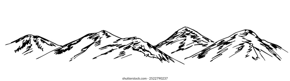 Mountain range, panoramic landscape, nature. Long banner. Rocky terrain, hills. Simple vector ink sketch.