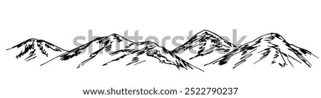 Mountain range, panoramic landscape, nature. Long banner. Rocky terrain, hills. Simple vector ink sketch.
