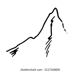 Gebirgskette. Bergspitzen, handgezeichnet mit einer schwarzen Linie auf weiß. Mountain Peaks ist eine einfache, doodle-artige Zeichnung für eine Design-Vorlage. Landschaftskette der Berge Symbol Vektorgrafik