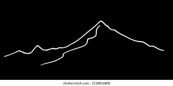 mountain range. mountain peaks hand-drawn in white with an isolated line on black. The mountain is a simple doodle-style drawing for a design template. landscape of uneven rocks vintage