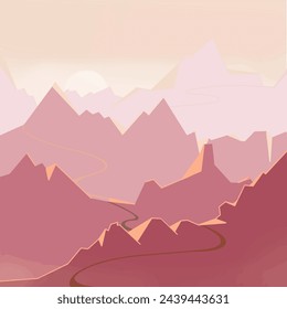 Cordillera en la puesta de sol rosa. El camino fluye lentamente a lo largo del camino. Ilustración de vector