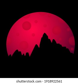 Mountain range with red moon background can be used as a print for cups, of phone cases