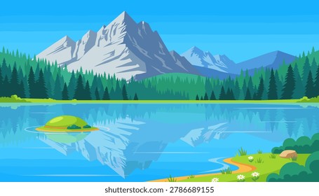 Mountain range reflected in calm lake with trees and island, serene landscape