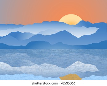 Mountain range reflecting into sea with sun setting behind mountains